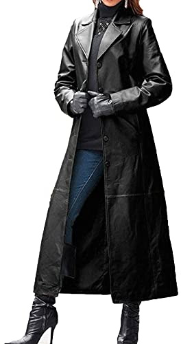 Trench lungo da donna Cappotto lungo in pelle nera da donna a figura intera