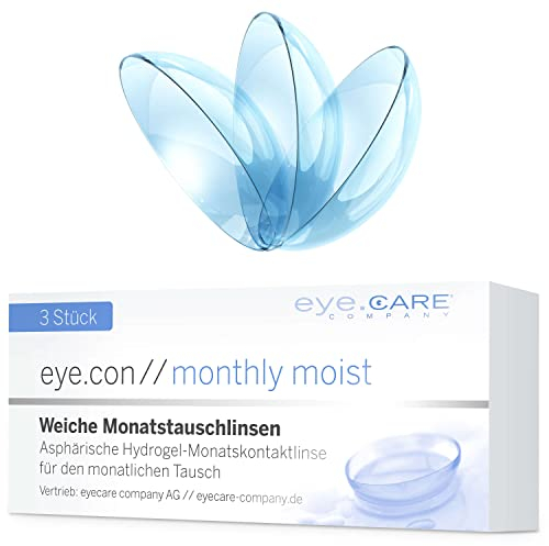 Eye.Con Monthly Moist weiche Monatslinsen – 3 Hydrogel Kontaktlinsen mit Stärke für empfindliche Augen. Contact Lenses mit 55% Wassergehalt BC 8.6mm, DIA 14.3mm (-2.25, 8.6, Millimeter, -2.25)