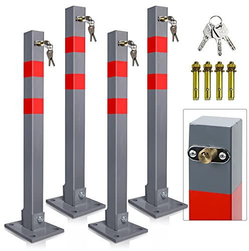 Daromigo Lot de 4 poteaux de stationnement pliables avec 3 clés et bandes réfléchissantes - En acier robuste