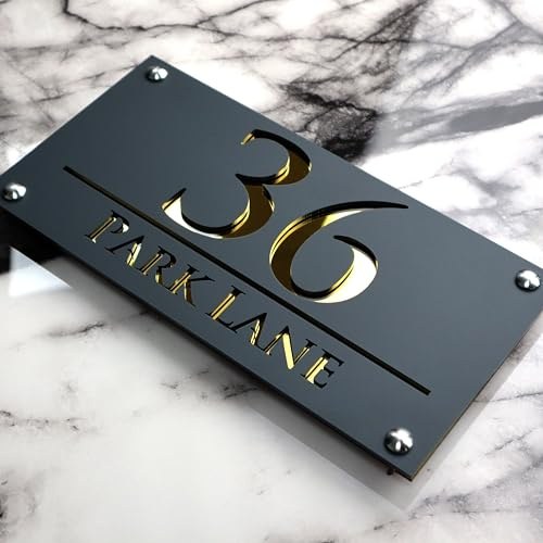 K SMART SIGN | LUXE H3 F32 | House Numbers Plaques House Numbers Door Laser Signs Number Name Personalised Plaques For Outside 3D Laser Cut acrylic Mirrored Marble (Dark Gray & Gold Mirror)