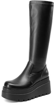 DREAM PAIRS Women's Knee High Boots Wedge Platform Chunky Heel Round Toe Side Zipper Fashion Long Tall Sock Punk Goth Boots for Women,Size 10,Black-Pu,SDKB2409W