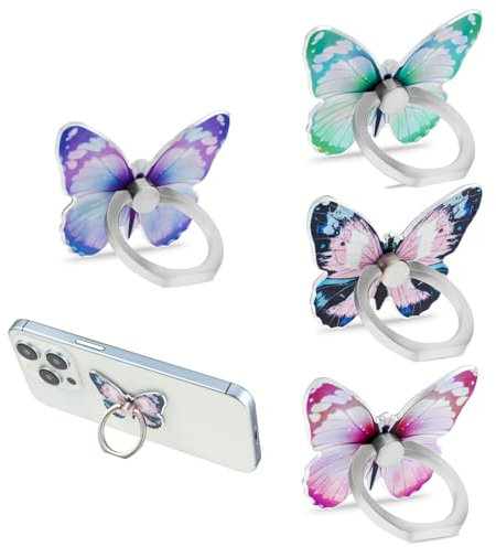 COMNICO 4 soportes de anillo de mariposa para teléfono móvil, soporte de dedo para smartphone, bonita mariposa de rotación de 360 grados, mango universal de metal para teléfonos móviles para niñas y