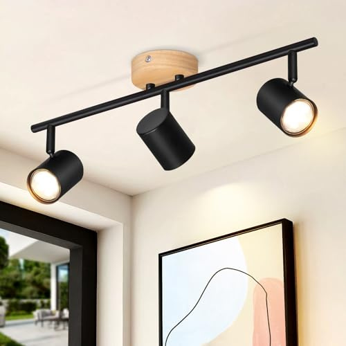 Deboola LED 3-flamma takspotlight - trä taklampa GU10 svängbar trappa spotlight svart vintage lampa spotlight för vardagsrum sovrum korridor kök utan glödlampa