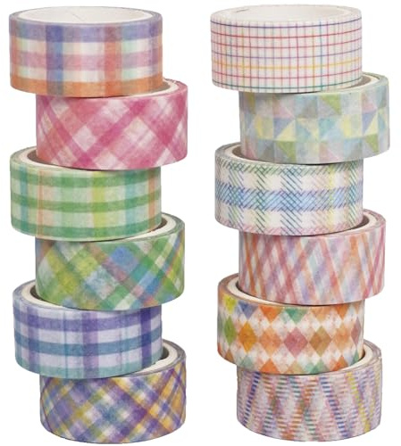 YUBX Basic Grid Washi Tejpset 12 rullar rutiga dekorativa maskeringstejp för konst, gör-det-själv-hantverk, tidskrifter, planerare, klippbok, inpackning (färgad)