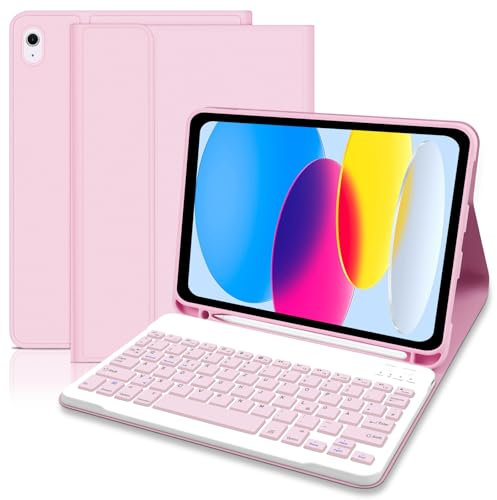 Hülle mit Tastatur für iPad 10 Generation 2022/ A16 11 Generation 2025 (10.9/11 Zoll), QWERTZ Layout Abnehmbare Kabellose Bluetooth Tastatur Hülle für iPad 10. Generation 2022-Rosa