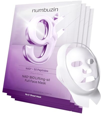 numbuzin No.9+ NAD+ BIO Lifting Full Face Mask, Peptide & Collagen Two-Piece Firming Mask for a Smooth, Defined-Looking Skin Finish, 4 Sheets + Lifting Band