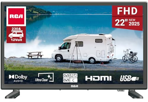 RCA E22 Télévision 22 Pouces (55 cm), Full HD 1080P Audio Dolby Triple Tuner DVB-C/T2/S2 VGA/HDMI/USB,Mode Hôtel [Classe énergétique E]