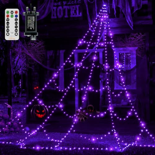 Ollny 3m 266 LEDs Halloween Decor Spider Web Shape Purple Lights, Remote | Outdoor Cobweb Light Mains Powered with Plug, Modes & Timer, Waterproof for Outside Garden, Yard & Haunted House Decorations