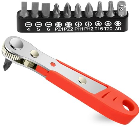 Right Angle Phillips Magnetic Screwdriver – Mini 1/4” PH2 Ratchet Wrench with 10 Bits – Reversible High Torque Stubby Ratcheting Screwdriver – Compact Tool for Tight Spaces & DIY Repairs
