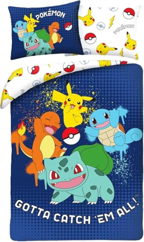 Pokémon sängkläder 135 x 200 cm + 80 x 80 cm – Pokémon Pikachu, karapuce, salachie & Bulbizarre, barnsängkläder set, 2 delar, påslakan + örngott, tysk storlek