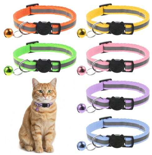 TIESOME 6 Stück Reflektierend Katze Halsband, Katzenhalsbänder mit Schnellverschluss, Katzenhalsband mit Glöckchen Verstellbar 20–32 cm für Welpen kleine Hunde und Katzen Halsband Kat für Außen Innen