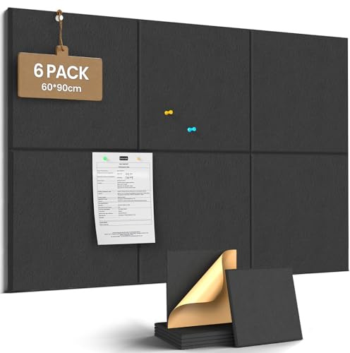 JBER Felt Cork Bulletin Board for Wall 90x60cm, 6 Pack Self-Adhesive Felt Notice Board for Walls, pin Boards for Home Office School,As Planning Board Photo Wall Board Jewelry Storage, Solid, Black
