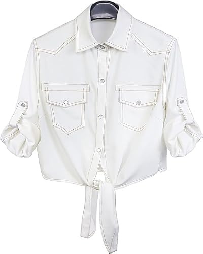 Omoone Womens Cropped Denim Jacket 3/4 Sleeve Tie Front Jean Blouse Top | Button Down, Lapel Collar, Lightweight, Soft Cotton, Cowgirl Jean Shirts, Maternity Friendly, Beach Vacation, All-Season Wear