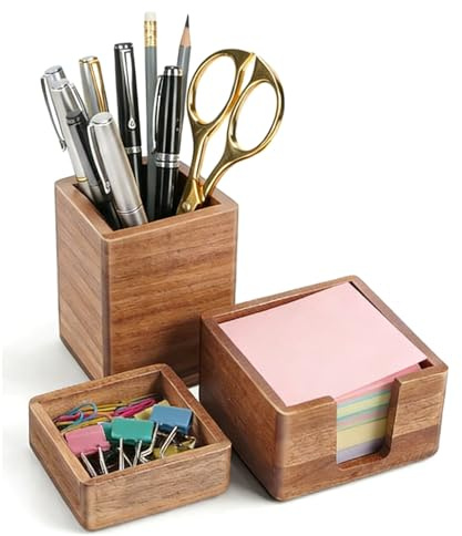 Domemit Wooden Desk Organiser, Pen Holder Pencil Pot, Sticky Note Holder, Paperclip Holder, Solid Acacia Desk Tidy Stationary Organiser Office Supplies Decoration, Gifts for Teacher, Men, Women