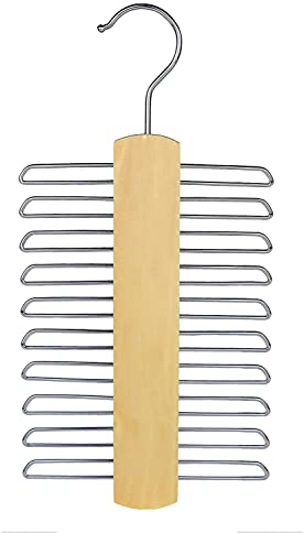 Tie Hanger Wooden Hangers Wardrobe Tie Organiser - Stylish Hanging Storage Rack With 20 Chrome Bars With Swivel Hook for Tie, Belt, Scarf Beech Wood Tie Rack Hanger (Wood)