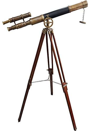 Nautical Style Black Leather Telescope Maritime Brass Antique Double Barrel Designer Telescope Wooden Floor Standing Tripod
