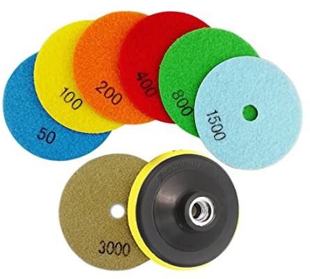 SHDIATOOL Diamant Polierscheibe Trockene Diamant Polier Auflagen 7 Stk. Durchmesser 4 Zoll/100mm Mischen Streugut und Kunststoff Pad-Befestigung für Granit Marmor Stein