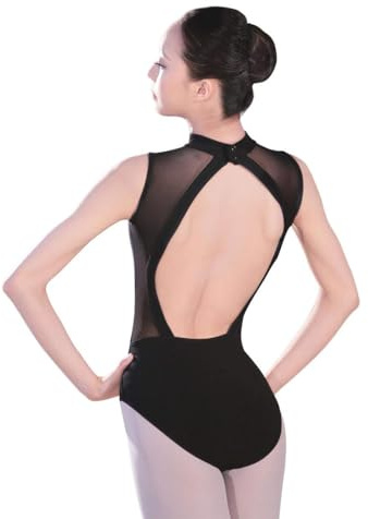 Daydance Sleeveless Black Teen Girls Ballet Leotards Cotton Mesh Dance Attire with Open Back