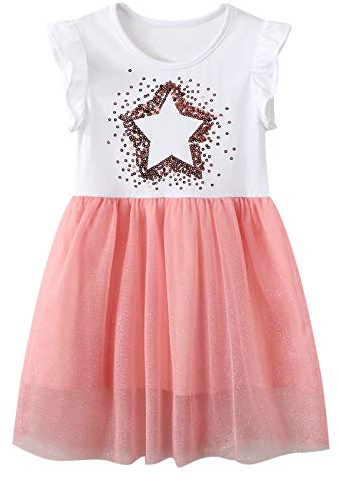 JinBei Klänningar för liten flicka, barn kortärmad/ärmlös avslappnad sommarklänning bomull tyll nät paljetter tecknat djurtryck t-shirt klänningar för barn baby flickor småbarn barn ålder 2-7 år,