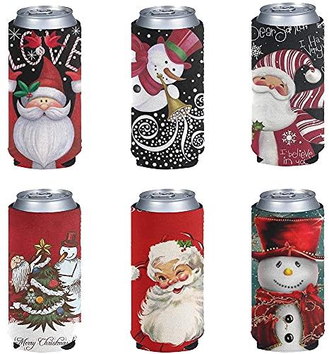 Jeiento 6 PCS Short Beer Can Cooler Covers, Christmas Decorations Foldable Stubby Holders Beer Cooler Bags Insulated Beer Can Sleeve Covers