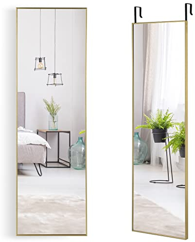 COSTWAY 37 x 120cm Ganzkörperspiegel mit höhenverstellbaren Hängehaken Wandspiegel Türspiegel Hängespiegel Spiegel für Schlafzimmer, Wohnzimmer und Eingangsbereich (Gold)