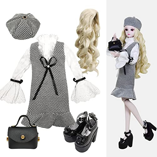 Proudoll 1/3 BJD docka set - handgjord elegant svart och vit pläd klänning, basker, skjorta, peruk, läderväska och höga klackar kompatibel med 1/3 60 cm 24 tum SD-docka