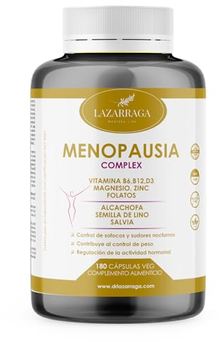 MENOPAUSE COMPLEX 9 EN 1 | Contrôle des Bouffées de Chaleur | Soulage les Ballonnements Abdominaux | Ventre Plat | Sans Soja ni Conservateurs | Traitement de 3 Mois | 180 Gélules Végétales | Lazarraga