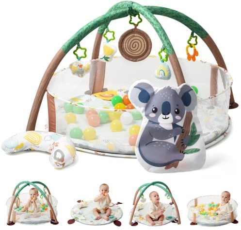 Lupantte 4-in-1 Baby Spieldecke Laufstall, Spielbogen 2 Austauschbaren Bezügen, Bällebad Spielmatte mit Spielbogen Abnehmbarem,Neugeborene zur Entwicklung von Motorik und Kognition,40 Bällen