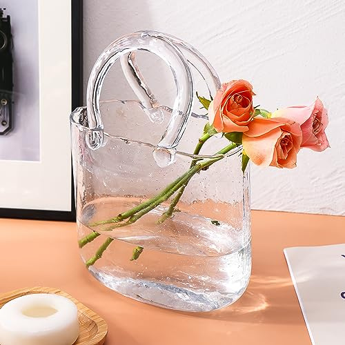 Fixwal Vaso in vetro per fiori, vaso trasparente con manico e bolle, 19,6 x 18,5 cm, vaso per fiori a forma di borsa, vasi decorativi unici per centrotavola, decorazioni per la tavola di nozze
