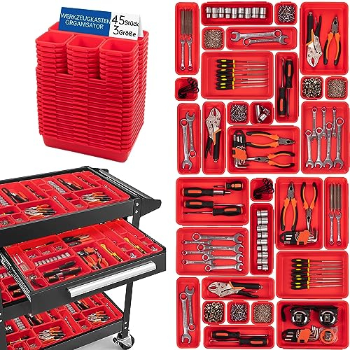 Giklux Tool Box Organiser Trays - 45 Pack Plastic Storage Drawer Dividers for Small Parts, Workshop, Red