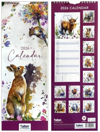 2026 Super Slim Month to View Spiral Bound Hanging Wall Calendar Home Office (Animal Print)