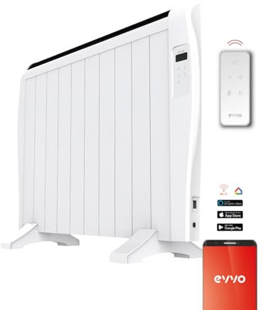 Radiador Emisor Térmico EVVO C10 Blanco, 1500W, hasta 20m2, Instalación Suelo o Pared, Control por Voz, Google Home,10 elementos, Bloqueo infantil, Wifi, Control remoto, Temporizador