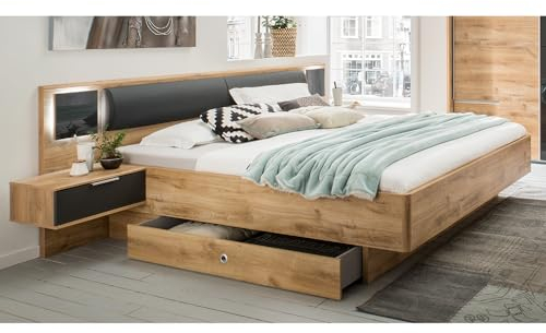 Lomadox Bettanlage Bett Doppelbett 160cm mit 2 Bettschubladen, Nachtschränken, Beleuchtung und Polsterkopfteil, Graphit und Eiche