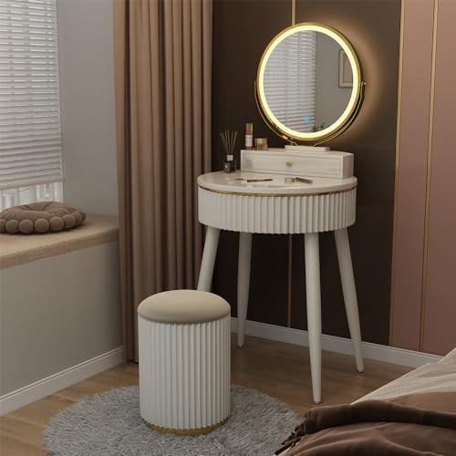 Vicco Tavolo da toilette Gesa, Bianco, 60 cm con specchio a LED in 3 tonalità di bianco, dimmerabile