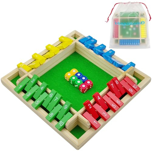 Shut the Box Game for 4 Players, Wooden Table Game Family Travel Game Traditional Pub Dice Games for Adults Educational Table Dice Game for Kids Age 3 4 5 6 + [Multicolors]