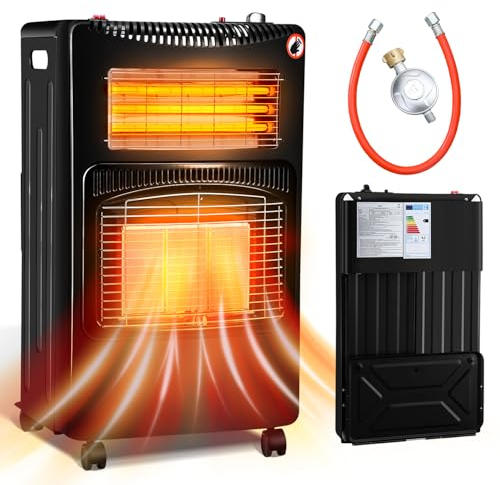 Cecaylie Gasheizer Gasheizung für Innenräume 4,2kw+1,26kw Gas-Elektro-Heizgerät, Gasofen inkl. Gasdruckregler & Gasschlauch, Gasheizofen mit 3 Heizstufen für Gasflaschen bis 15kg