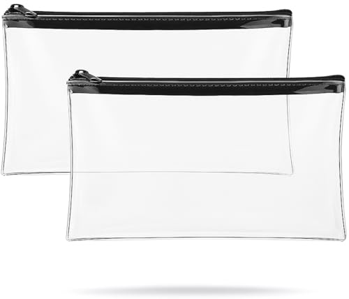 Aestustheri Clear Pencil Case - 2 Pack, Transparent with Zipper, 22cm x 14.5cm, Black