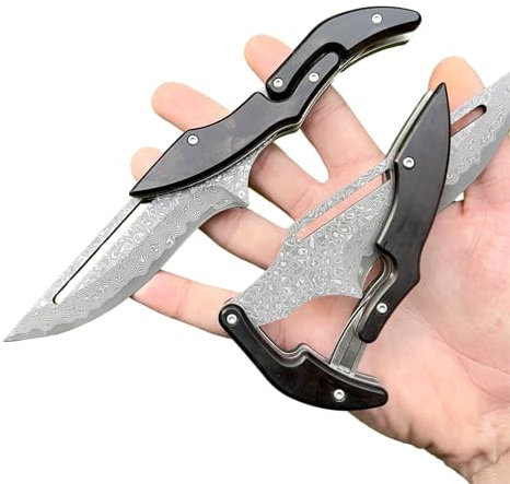 Obespina Couteau Pliant Friction Noir Poche Damas Style Japonais Acier Lame 67 Couches VG10 Damascus Tranchante Collection Cadeau Homme Camping Original Manche Bois Chasse EDC Japonais Suminagashi