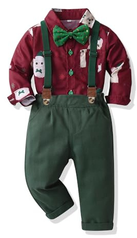 Yoolhamy Set Completo per Bambini per Natale Outfit per Bambini Gentleman Completo per Bambini Abbigliamento Natalizio Camicia a Maniche Lunghe con Papillon e Bretelle, Rosso natalizio., 12-18 Monate
