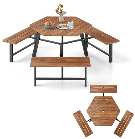 KOMFOTTEU Table de Pique-Nique, 6 Personnes, 3 Sièges, Trou pour Parasol