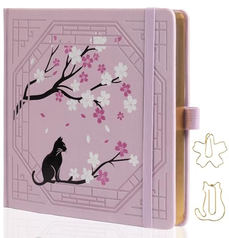 TIEFOSSI Square Dotted Journal, Cute Cat Journal for Women Girls, Dot Notebook with Pretty Sakura Pattern, Aesthetic Diary for Writing Journaling Drawing, Golden Edges, 8 x 8 IN