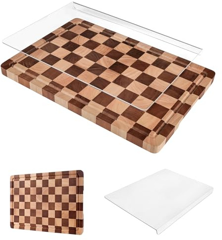 Ensemble de 2 Planches à Découper, Planches en Bois à Carreaux et Acrylique avec Bord de Comptoir pour Plan de Travail, Planche en Bois à Motif Damier avec Rigole pour Légumes, Fruits et Viande