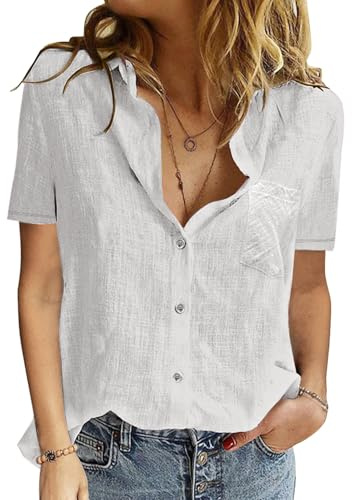 Yuson Girl Chemisier pour Femme avec col en V,Tunique d'été pour Femmes boutonnée Hauts T-Shirt Coton Lin à Manches Courtes décontracté Ample Longue Chemise Blouse Hauts(Blanc-2, XXL)