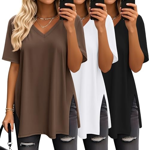 Geyoga Lot de 3 T-Shirts Oversize pour Femme, col V, Maille décontractée, Manches Courtes, Fentes latérales, Coupe Ample, Tuniques Tendance(Noir, Blanc, Gris-Brun,Large)