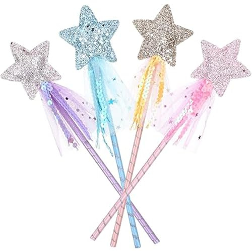 Elmsley 4 Pcs Princess Wand, Pink Blue Purple Yellow, 28cm x 7cm Magic Wand | Sparkling Star Fairy Wands, Princess Role Playing Props,Suitable for Birthday and Christmas Party Costumes and Props