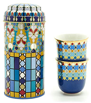 Images d'Orient Set Cadeau 2 en 1 boîte en métal avec 2 x 90ml Tasses à Espresso, café et Moka à Motifs Arabes Multicolores