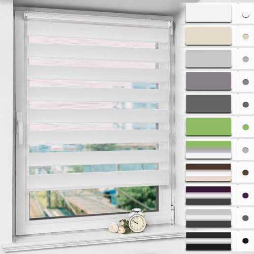 Magiea Store Enrouleur sans Perçage Jour Nuit, Double Tissu, Facile à Installer pour Fenêtre ou Porte, Protection Solaire Vie Privée, Blanc, 80l x 120L cm(Largeur du Tissu 80 cm)
