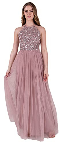 Maya Deluxe Damen Frosted Embellished Halter Neck Pink Maxi Bridesmaid Dress, Frosted Pink, 38 EU (Herstellergröße: 10)