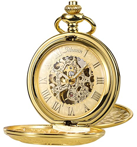 SIBOSUN Pocket Watch Mechanical Skeleton Steampunk Antique Pocket Watch with Chain and Box for Men Women Roman Numerals Dial