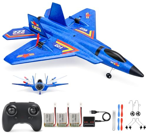 ANTSIR Remote Control Plane F-22 Raptor, 2.4GHz Durable Foam Rc Airplane with Smart Gyro/LED Lights/3 Rechargeable Batteries, RC Jet Glider Toy Gift for Kids Boys Girls 8-16 Year Old (Blue)